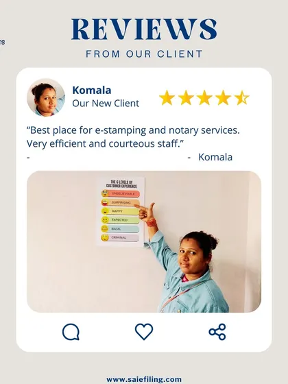 "Best place for e-stamping and notary services. Very efficient and courteous staff." Komala's review encourages our team to continue providing top notch service with a professional and friendly approach.