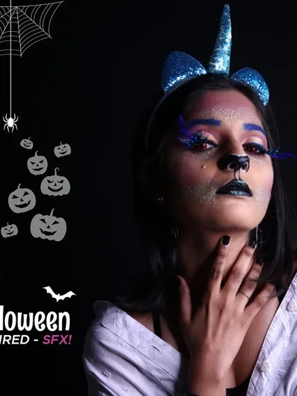 A creative and spooky Halloween look created by one of our students. Our courses also touch upon SFX makeup for those interested in more artistic and character-based work.