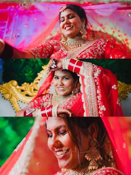 A collage of the bride's playful and happy moments, showing different angles of her beautiful smile and stunning red bridal lehenga.