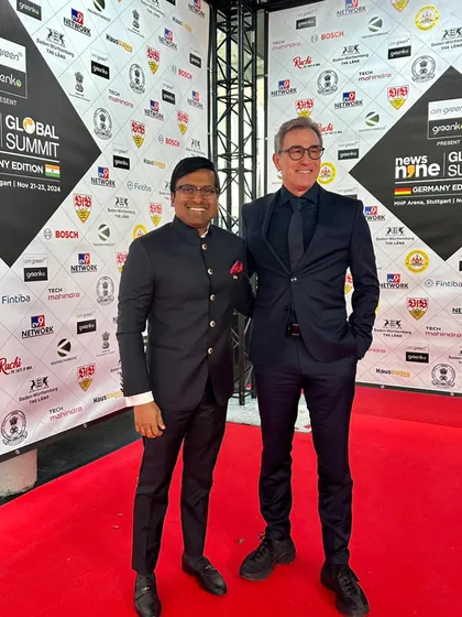 Our President, Anuj Gupta, on the red carpet at the News9 Global Summit in Germany with an international delegate. We are proudly representing Indian football on the world stage.