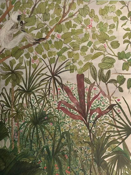 A playful lemur sits amongst the branches in this detailed jungle mural. Such whimsical touches are what make our wallcoverings more than just decoration; they are conversation starters and works of art.