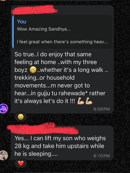 More stories of real-world strength. One member keeps up with her three active boys, while another can now carry her sleeping 28 kg son upstairs, showcasing the functional fitness we build.