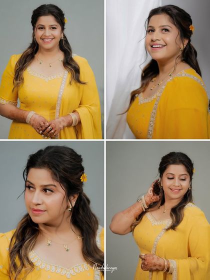 A collection of four bridal portraits, each showing a different expression and angle. This collage highlights the bride's beauty and the artistry of her look.