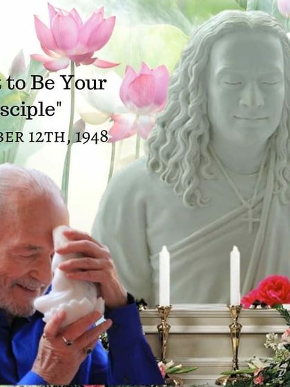 An image commemorating the day Swami Kriyananda became a disciple of Paramhansa Yogananda. We celebrate this anniversary with gratitude for Swamiji's life of service and his role in bringing these teachings to us.