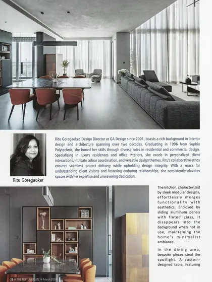 A profile of our design director, Ritu Goregaoker, alongside images of 'The Grey House'. The feature highlights our firm's philosophy of blending functionality with aesthetics in a minimalist context.
