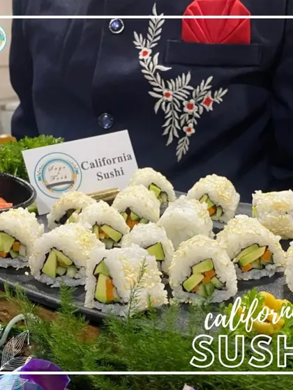 My vegetarian California Sushi is a party favorite. These inside-out rolls are filled with avocado, cucumber, and other fresh veggies, then coated in sesame seeds for a light and refreshing bite.
