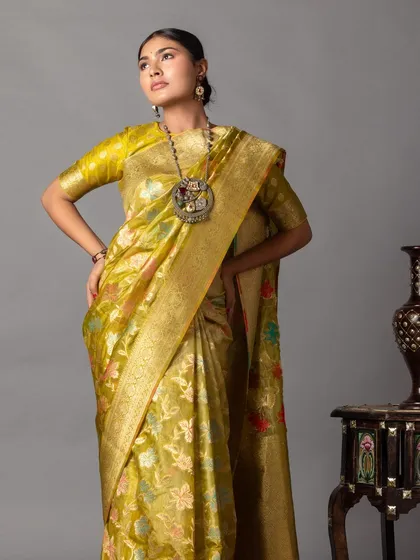 For this creative styling project, I chose a magnificent handloom saree. The rich olive green and gold tones are complemented by a statement tribal necklace, creating a powerful and artistic look.