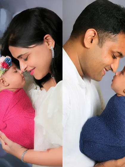 A beautiful diptych showing a mother and father sharing individual, tender moments with their newborn twins. It's a lovely way to capture each parent's unique bond.