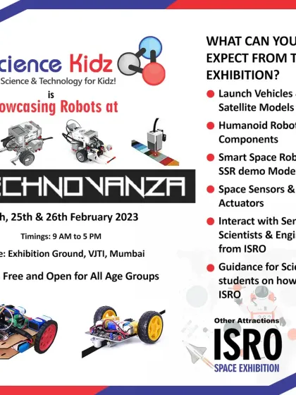 An invitation to see our students' robots at VJTI's Technovanza, a major tech exhibition featuring attractions like the ISRO Space Exhibition.