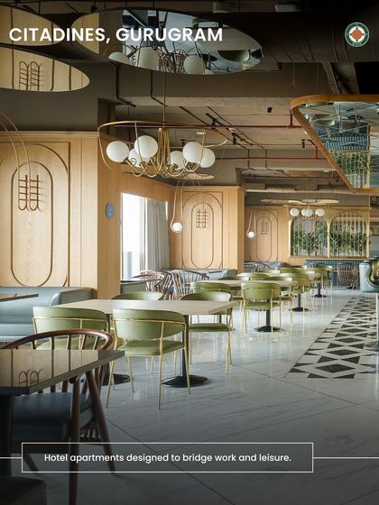 Citadines in Gurugram is a hotel apartment complex we designed to bridge work and leisure. The restaurant and lounge area features a sophisticated design with warm wood paneling, modern lighting, and varied seating arrangements to suit different needs.