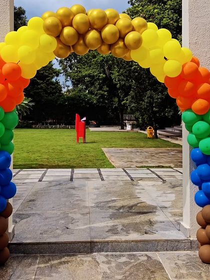 A colorful balloon arch for a Chhota Bheem-themed party, welcoming guests to the celebration.
