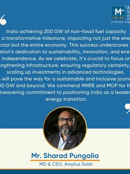 Our MD & CEO, Sharad Pungalia, comments on India achieving 200 GW of non-fossil fuel capacity. We commend the government's commitment and will continue to contribute with innovation and excellence.