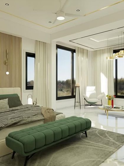 Another view of the master suite, highlighting the comfortable bed and the ample space for relaxation.