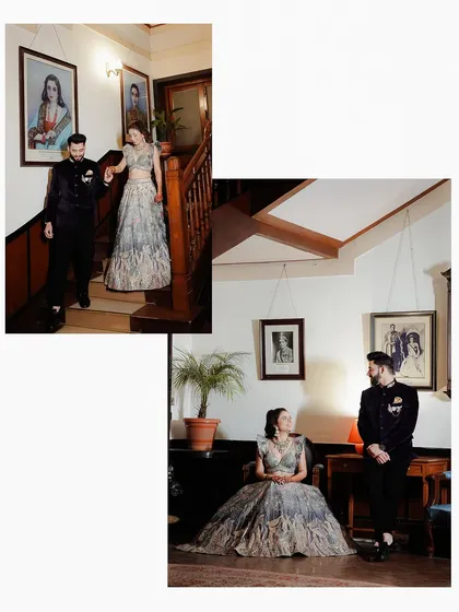 A diptych of a couple on and around a staircase in a heritage venue, capturing both a candid interaction and a formal portrait.