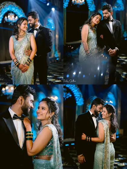 This collage captures the many moods of a sangeet night, from poised portraits to playful interactions. Sanket and Ruchi's chemistry shines under the dramatic blue stage lighting.