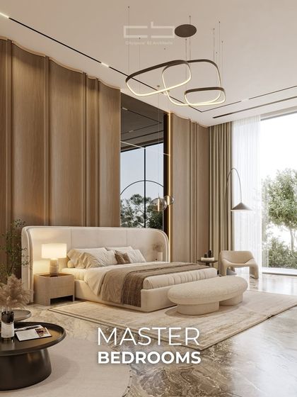 This master bedroom features a fluted wood accent wall that adds warmth and texture. Floor-to-ceiling windows bathe the space in natural light, while the plush bed and organic accents create a peaceful and elegant retreat.