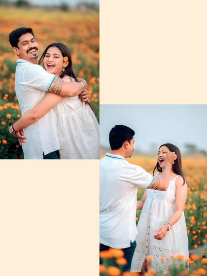 This collage captures the playful and candid moments from a shoot in a flower field. The genuine laughter and joyful embraces show the fun side of a couple's relationship, which I always aim to bring out during our sessions.