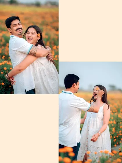 This collage captures the playful and candid moments from a shoot in a flower field. The genuine laughter and joyful embraces show the fun side of a couple's relationship, which I always aim to bring out during our sessions.