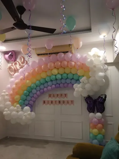 Another perspective of the pastel rainbow and butterfly decoration.