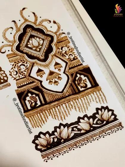A complex architectural design sketch featuring domes, jhumkas, peacocks, and lotuses. This is for a bride who wants a very grand and detailed design.