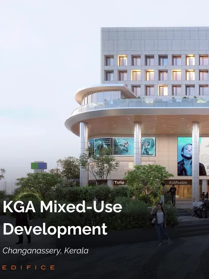 A render of the KGA Mixed-Use Development in Changanassery, Kerala, showcasing its modern facade and integration of retail and hospitality spaces. This project highlights our expertise in creating dynamic urban landmarks that serve multiple functions within a community.