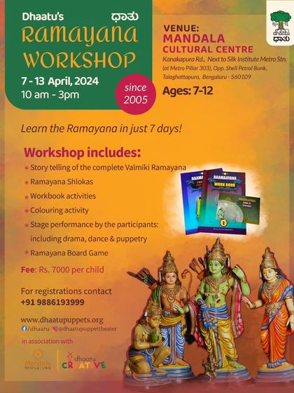 Learn the Ramayana in just seven days. Our immersive workshop for children aged 7 to 12 combines storytelling, shloka chanting, drama, and puppetry to teach the complete Valmiki Ramayana in an engaging way.