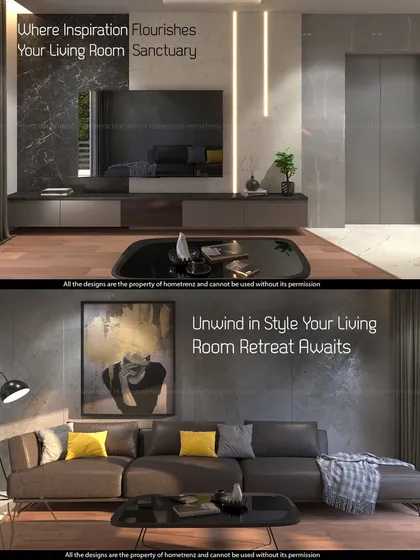 I design living rooms to be your personal sanctuary. This collage shows two different approaches: one with a dramatic marble TV wall and another with a cozy, art-focused setup, both designed for unwinding in style.