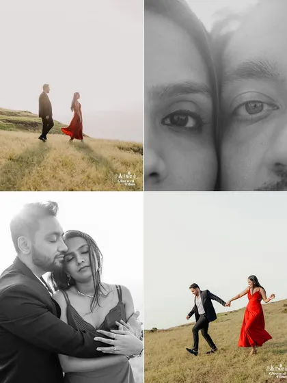 A collage from a pre-wedding shoot in the hills of Nashik. We combine wide shots that set the scene, intimate black and white close-ups, and playful walking shots to tell a complete story of your day together.