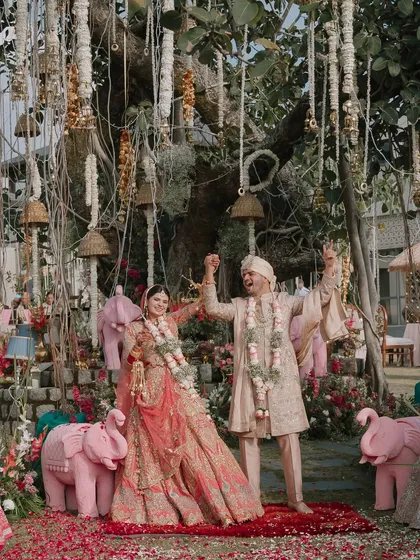 The pure, unscripted joy of Apsara and Pranjal right after their varmala. These are the real, energetic moments that make a wedding day so special.