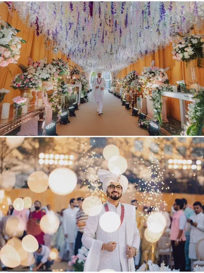 The stunning decor of the wedding aisle, with a ceiling of hanging flowers creating a magical pathway for the groom's entrance.