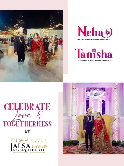 Celebrate love and togetherness at our venue. This collage captures a couple's grand entrance through a cloud of smoke and their regal moment on the beautifully decorated stage at Raj Grand Jalsa.