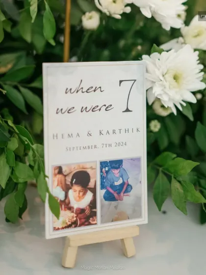 The most beautiful stories are in the details. We love weaving personal touches into our designs, like naming each dinner table after a milestone in the couple's life, complete with their childhood photos. It turns a simple meal into a journey through their memories.