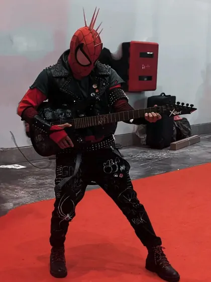 My full Spider-Punk cosplay on display at Mumbai Comic-Con, where it won in the Movie Category. The custom-painted guitar was a key part of the look.