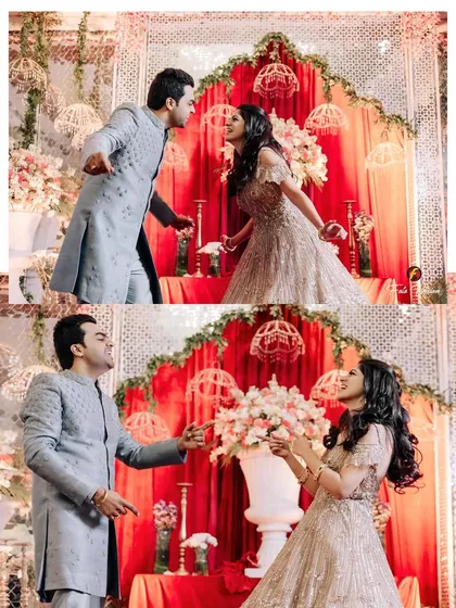 A playful moment during the engagement ceremony where the couple teases each other, showing their fun-loving relationship.