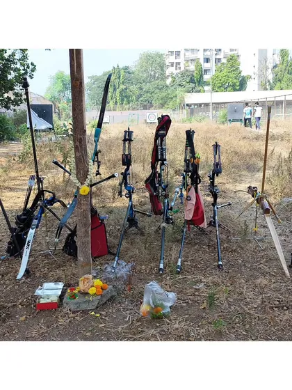 Our bows and equipment lined up for the Shastra Pooja. We treat our gear with respect, as it is the tool of our craft.
