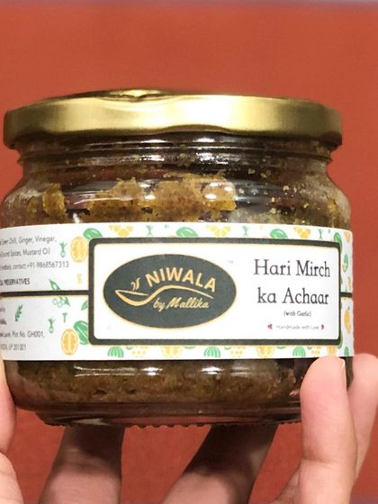 A close-up of my Hari Mirchi ka Achaar. It's packed with Vitamin C and a zesty flavour from ginger and freshly ground spices. You can even request a version with garlic for an extra layer of taste.
