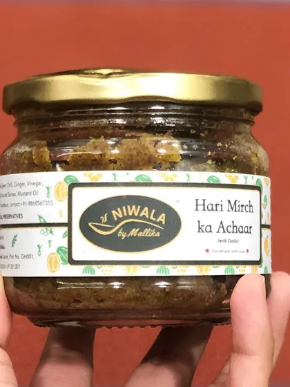 A close-up of my Hari Mirchi ka Achaar. It's packed with Vitamin C and a zesty flavour from ginger and freshly ground spices. You can even request a version with garlic for an extra layer of taste.