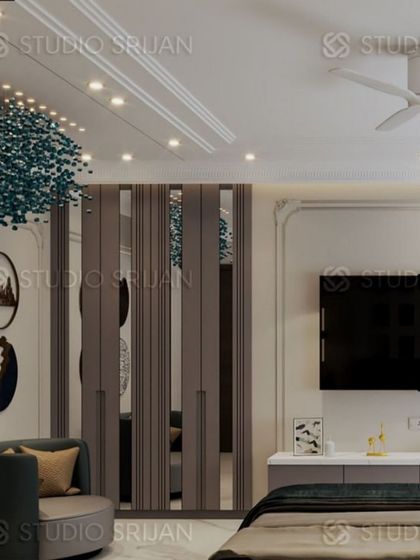 This angle shows the wardrobe, which features a slatted design with mirrored inserts, and the unique, circular armchair.