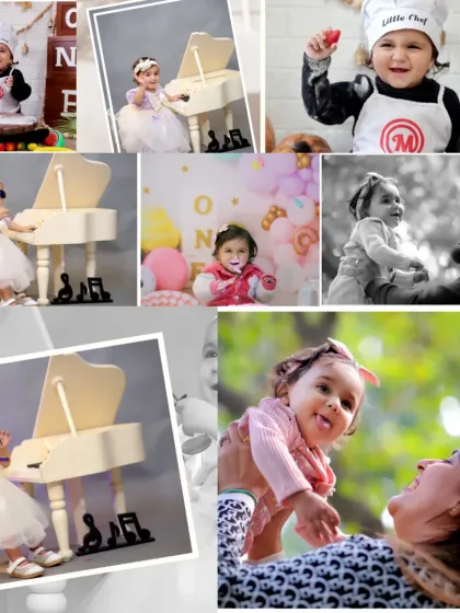 This collage showcases the variety within a single themed shoot. We can switch between concepts like a little pianist and a master chef, complete with costumes and props, all in one session.