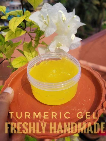 My freshly handmade Turmeric Gel, a golden pot of goodness. It's excellent for reducing acne and scars, removing tan, and improving your overall skin texture and complexion for a natural glow.