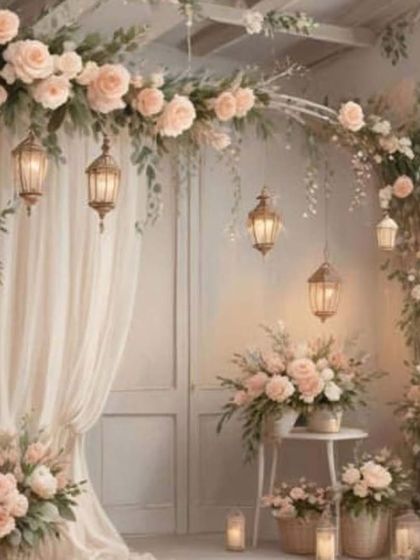 For a rustic or vintage theme, I use soft pastel flowers, hanging lanterns, and sheer drapes. This style creates a gentle and romantic ambiance for intimate wedding functions.