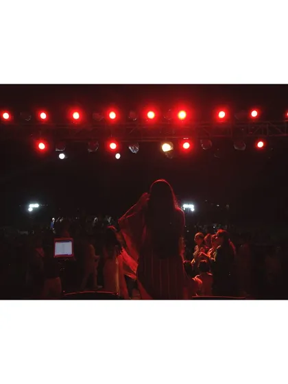 A view from our side of the stage at a massive show in Gangavathi. We work with professional sound and lighting teams to make sure every concert, big or small, is a top-notch audio-visual experience for everyone.