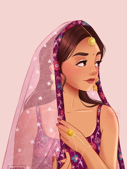 A redraw of one of my older illustrations, showing an Indian girl in a traditional purple lehenga. This piece highlights the evolution of my art style over a year, particularly in rendering details like the sheer dupatta.