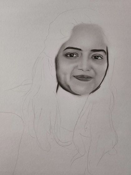 A work-in-progress shot of a woman's portrait, with the face rendered.
