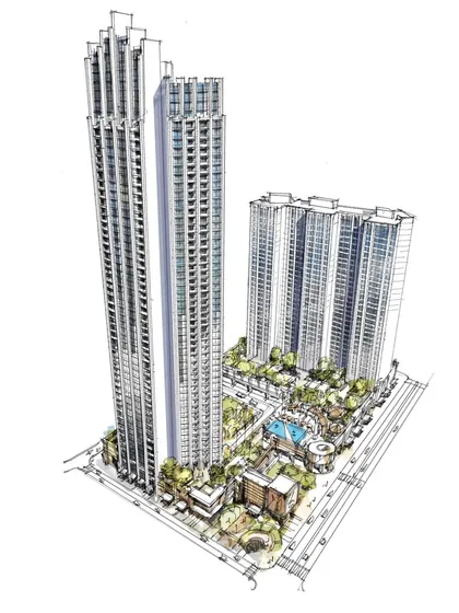 Every great building begins with a vision. This architectural sketch illustrates the initial concept for a high-rise complex, showing how we merge nature, luxury, and structural harmony from the earliest stages of design.