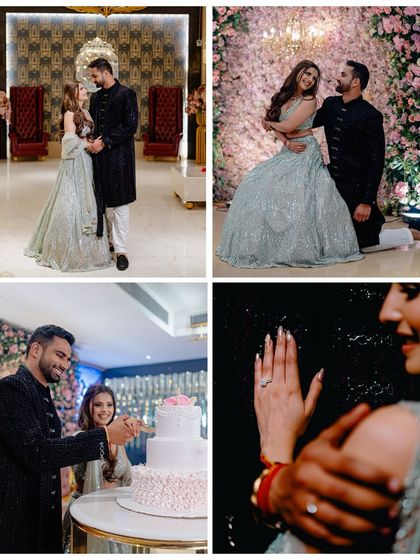This collage tells the story of an engagement, from the couple's portraits and cake cutting to the all-important ring shot.