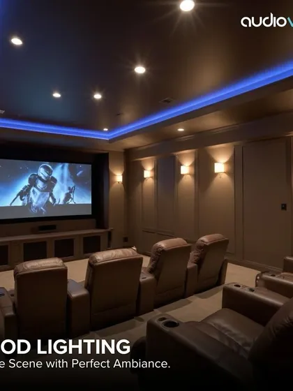 Our customizable mood lighting, including cove and accent lights, is designed to create the perfect viewing ambiance and reduce eye strain, all controlled through your central automation system.