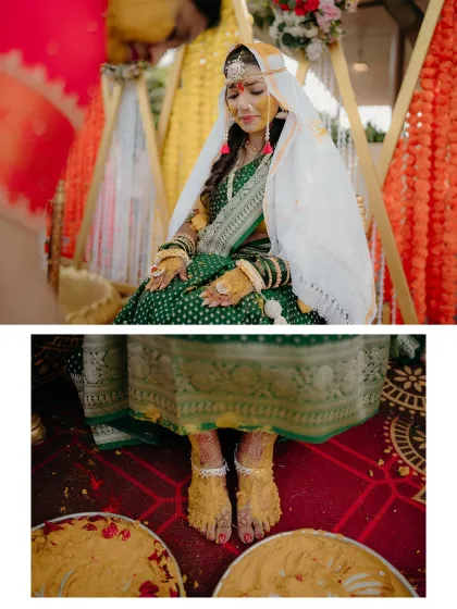 A collage showing both the emotional and ritualistic aspects of the Haldi ceremony, from the bride's contemplative moment to the application of turmeric on her feet.