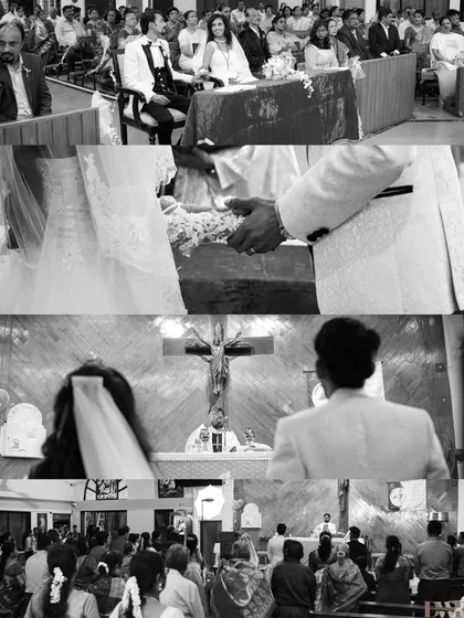 A multi-panel collage in black and white, telling the story of the church ceremony from different perspectives.