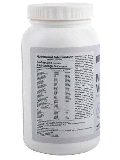 The back of the multi-vitamin bottle, showing the nutritional information and ingredients list.
